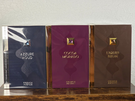 French Avenue Fragrance Bundle – Azzure Oud, Cocoa Morado & Liquid Brun | 3 x 100ML EDP | Long-Lasting Unisex Perfumes